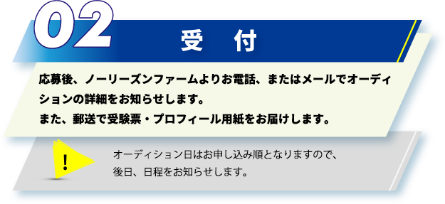 応募後、ノーリズンファームよりお電話、またはメールでオーディションの詳細をお知らせします。また、郵送で受験票・プロフィール用紙をお届けします。オーディション日はお申し込み順となりますので、後日、日程をお知らせします。